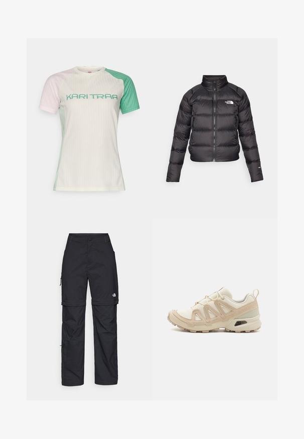 Must musternakk, millel on kõrge krae, tõmblukk ja küljetaskud. Omab tikitud osi ja logo rinna peal. Kerge ja isoleeritud.; Lühikeste varrukatega sportlik särk ribakujulise tekstuuriga. Värvid hõlmavad heledat roosa, roheline ja valge. Omab silmatorkavat "KARI TRAA" kirjapilti teal värvusega.; Mustad nailonist valmistatud eemaldatavad cargo-püksid, reguleeritavate pahkluudega, mitmete taskutega ja paremal jalal logoga. Sile, kerge tekstuur.; Beež ja koobalti spordijalats tekstureeritud võrkkattega, toetavad ülemised kihid ja kummist tallaga, millel on mustriga joonistus haardeks.