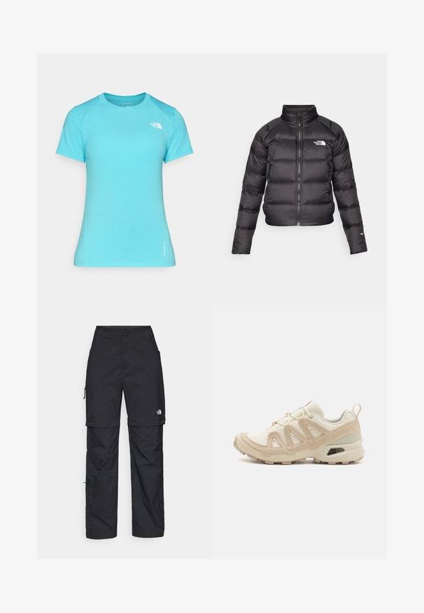 Fekete puffertarka magas gallérral, cipzáras záródással és oldalsó zsebekkel. Töltött részekkel és logóval a mellkason rendelkezik. Könnyű, hőszigetelt.; Világoskék, rövid ujjas póló, puha anyagból készült, kerek nyakkivágással és egy kis fehér logóval a bal felső részen.; Fekete nylon zipzáras cargo nadrág állítható mandzsettával, több zsebbel és logóval a jobb lábon. Simább, könnyű textúra.; Beige és krém színű sportcipő, texturált hálós felsőrésszel, támogató burkolattal és gumitalppal, amely tapadás érdekében bordázott mintázattal rendelkezik.