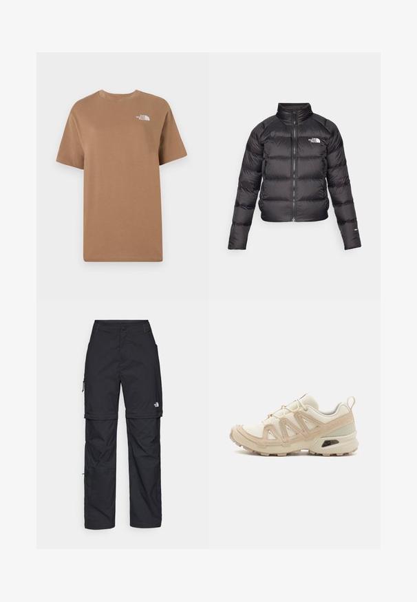 Black puffer jacket with a high collar, zip closure, and side pockets. Features quilted sections and a logo on the chest. Lightweight, insulated.; Brown cotton T-shirt with short sleeves and a crew neckline. Features a small white logo on the upper left chest area.; Black nylon zip-off cargo trousers with adjustable cuffs, multiple pockets, and a logo on the right leg. Smooth, lightweight texture.; Beige and cream athletic shoe with textured mesh upper, supportive overlays, and rubber outsole featuring a tread pattern for traction.