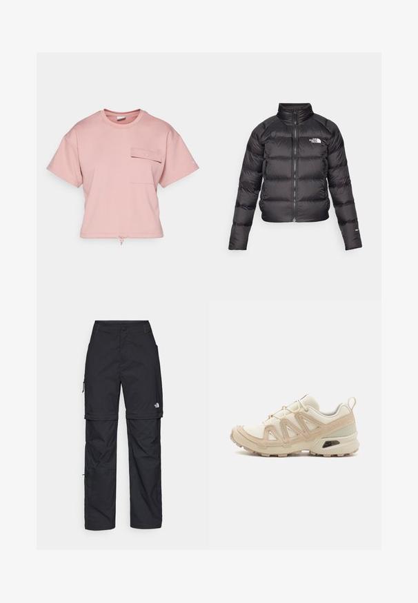 Svart pufferjakke med høy krage, glidelås og sidelommer. Har quiltede seksjoner og en logo på brystet. Lett og isolert.; Rosa avkortet t-skjorte laget av myk stoff. Har korte ermer, en frontlomme med klaff, og en strammekanisme i nederkanten for justering.; Svarte nylon cargo-bukser med glidelås og justerbare mansjetter, flere lommer og en logo på høyre bein. Glatt, lett tekstur.; Beige og krem joggesko med teksturert mesh-overdel, støttende overlegg og gummisåle med et mønster for godt grep.