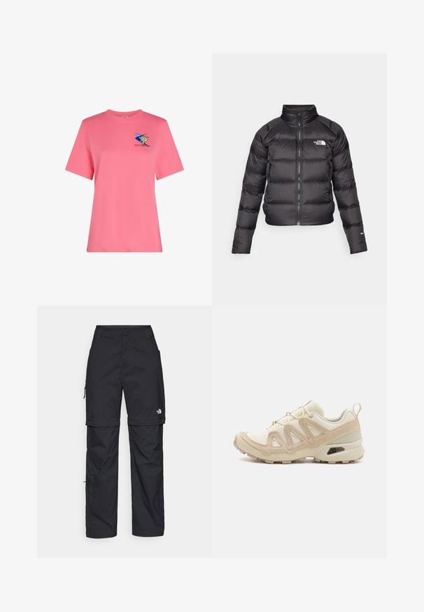 Black puffer jacket with a high collar, zip closure, and side pockets. Features quilted sections and a logo on the chest. Lightweight, insulated.; Short-sleeve, pink cotton t-shirt featuring a blue star and yellow graphic design. Classic fit with a crew neckline. Soft texture.; Black nylon zip-off cargo trousers with adjustable cuffs, multiple pockets, and a logo on the right leg. Smooth, lightweight texture.; Beige and cream athletic shoe with textured mesh upper, supportive overlays, and rubber outsole featuring a tread pattern for traction.