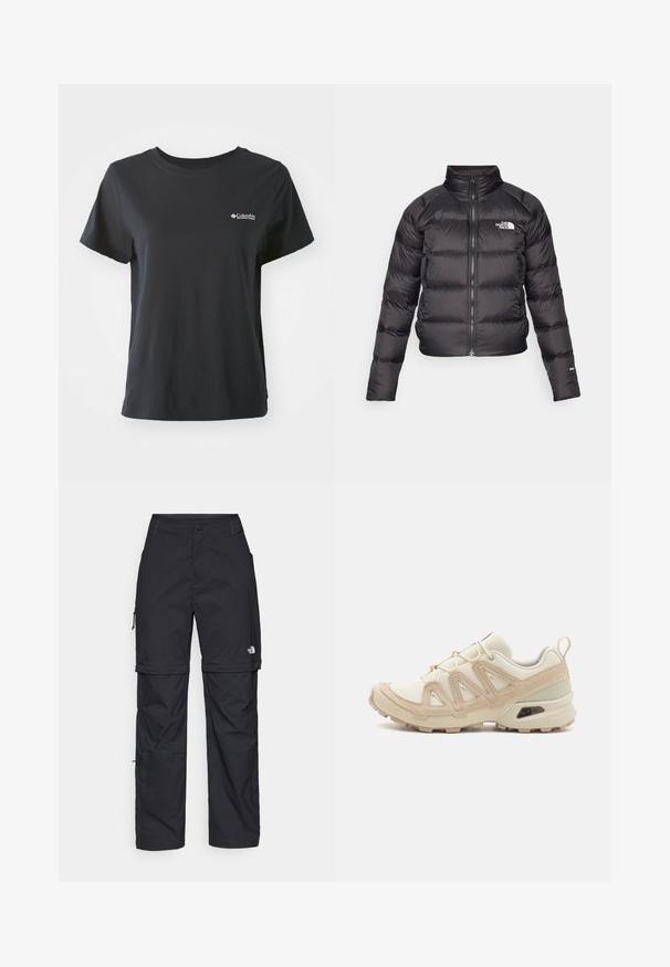 Svart pufferjacka med hög krage, dragkedjestängning och sidofickor. Har kviltade sektioner och en logotyp på bröstet. Lättviktig och isolerad.; Svart bomull t-shirt med korta ärmar, rund halsringning och liten vit Columbia Sportswear-logotyp på vänster bröst.; Svarta nylonbyxor med avtagbara ben, justerbara muddar, flera fickor och en logotyp på högra benet. Slät, lätt textur.; Beige och krämfärgad atletisk sko med texturerad meshovandel, stöttande överdrag och gummisulor med ett mönster för grepp.