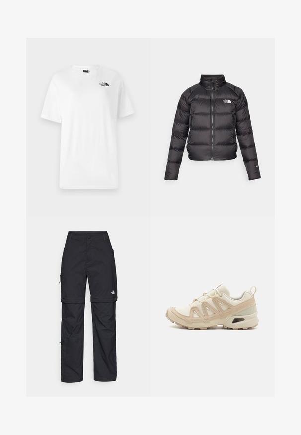 Mustat puffatakki, jossa on korkea kaulus, vetoketjusuljenta ja sivutaskut. Sisältää tuftattuja osia ja logon rinnassa. Kevyt, eristetty.; Valkoinen puuvillapaita, jossa on lyhyet hihat, pyöreä kaula-aukko ja pieni musta logo vasemmalla ylärinnassa. Sileä pinta, normaali malli.; Mustat nailonista valmistetut irrotettavat cargo-housut säädettävillä lahkeilla, useilla taskuilla ja logolla oikeassa jalassa. Liukas, kevyt rakenne.; Beige ja kreemi värvi sportlikud jalanõud, millel on tekstiilne mesh ülemine osa, toetavad ülekatted ja kummist tald, millel on mustripattern haardeks.