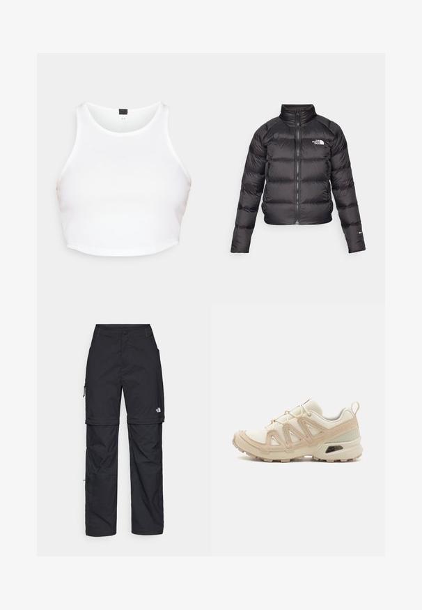 Čierna puffová bunda s vysokým golierom, zipsovým zapínaním a bočnými vreckami. Obsahuje prešívané časti a logo na hrudi. Ľahká, izolačná.; Biely rebrovaný crop top s okrúhlym výstrihom a širokými ramienkami, ktorý má jemnú textúru a čiernu nášivku na zadnej strane krku.; Čierne nylonové cargo nohavice s odnímateľnými nohavicami, nastaviteľnými manžetami, viacerými vreckami a logom na pravej nohe. Hladká, ľahká textúra.; Beige a krémová športová obuv s textúrovaným sieťovým zvrškom, podporujúcimi prekrytiami a gumovou podrážkou s dezénom pre trakciu.