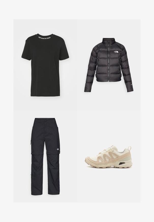 Czarna kurtka puchowa z wysokim kołnierzem, zapinana na zamek, z kieszeniami po bokach. Posiada pikowane sekcje oraz logo na piersi. Lekka, ocieplona.; Czarna bawełniana koszulka z okrągłym dekoltem. Z przodu znajduje się biały logo "THE NORTH FACE" na kołnierzyku. Krótkie rękawy i proste wykończenie.; Czarne nylonowe spodnie cargo z odpinanymi nogawkami, regulowanymi mankietami, wieloma kieszeniami oraz logo na prawej nogawce. Gładka, lekka tekstura.; Beżowe i kremowe buty sportowe z teksturowanej siateczki, wspierającymi nakładkami oraz gumową podeszwą z wzorem bieżnika zapewniającym przyczepność.