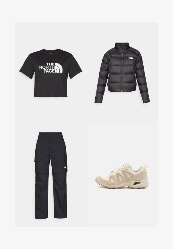 Jachetă puffer neagră cu guler înalt, închidere cu fermoar și buzunare laterale. Prezintă secțiuni matlasate și un logo pe piept. Ușoară, izolată.; Cămașă scurtă neagră din bumbac, cu un logo alb cu accente curbate și textul "THE NORTH FACE" pe față. Mâneci scurte, guler rotund.; Pantaloni cargo din nylon negru, cu fermoar detașabil, manșete ajustabile, multiple buzunare și un logo pe piciorul drept. Textură netedă și ușoară.; Pantofii sport bej și crem au un superior din plasă texturată, suprapuneri de susținere și o talpă din cauciuc cu un model de profil pentru aderență.
