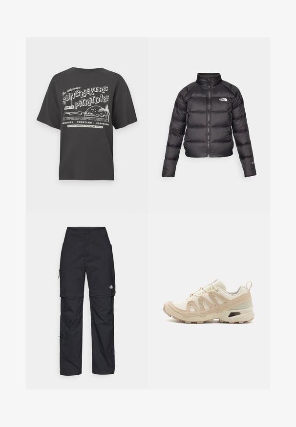 Giacca a vento nera con colletto alto, chiusura con zip e tasche laterali. Presenta sezioni trapuntate e un logo sul petto. Leggera e isolante.; T-shirt nera in cotone con grafica bianca raffigurante testo e immagini di spiaggia, tra cui palme e onde. Taglio comodo e scollo tondo.; Pantaloni cargo in nylon nero con zip rimovibile, polsini regolabili, molteplici tasche e un logo sulla gamba destra. Tessuto liscio e leggero.; Scarpa atletica beige e crema con tomaia in mesh testurizzato, sovrapposizioni supportive e suola in gomma con un motivo a tasselli per la trazione.