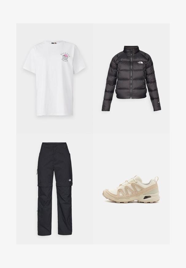 Crna puf jakna s visokim ovratnikom, zatvaranjem na patentni zatvarač i bočnim džepovima. Ima šivene sekcije i logo na prsima. Lagana, izolirana.; Bijela pamučna majica s okruglim izrezom, kratkim rukavima i tisak dizajnom na lijevoj strani prsnog koša s ružičastim i sivim akcentima.; Crne najlon hlače s munjevim zatvaranjem, odvojive cargo hlače s podesivim manžetama, brojnim džepovima i logom na desnoj nozi. Glatka, lagana tekstura.; Bež i kremasti sportski tenisice s teksturiranim mrežastim gornjim dijelom, potpornih preklopa i gumeni potplat s uzorcima za prianjanje.