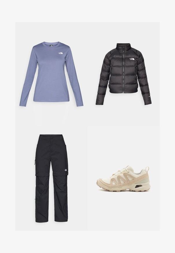 Chaqueta acolchada negra con un alto cuello, cierre de cremallera y bolsillos laterales. Presenta secciones acolchadas y un logo en el pecho. Ligera y aislante.; Camisa de manga larga en tejido morado claro, con cuello redondo y el logo de The North Face en blanco en el lado izquierdo del pecho. Textura suave, corte casual.; Pantalones cargo de nailon negro con cremallera desmontable, puños ajustables, múltiples bolsillos y un logotipo en la pierna derecha. Textura suave y ligera.; Zapatilla deportiva beige y crema con parte superior de malla texturizada, superposiciones de soporte y suela de goma con un patrón de tracción.
