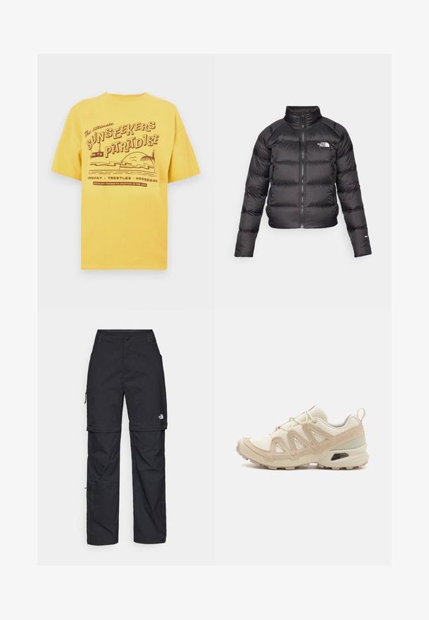 Giacca a vento nera con colletto alto, chiusura con zip e tasche laterali. Presenta sezioni trapuntate e un logo sul petto. Leggera e isolante.; Maglietta gialla in cotone con stampa grafica e testo "Sunseekers Paradise" e elementi da spiaggia. Maniche corte e scollo tondo.; Pantaloni cargo in nylon nero con zip rimovibile, polsini regolabili, molteplici tasche e un logo sulla gamba destra. Tessuto liscio e leggero.; Scarpa atletica beige e crema con tomaia in mesh testurizzato, sovrapposizioni supportive e suola in gomma con un motivo a tasselli per la trazione.
