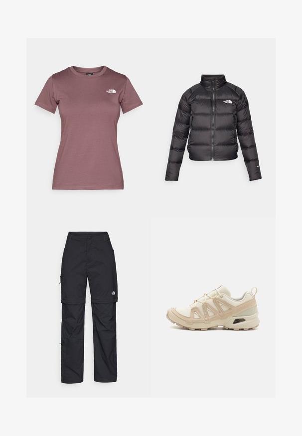 Sort pufferjakke med høj krave, lynlås og sidelommer. Har quiltede sektioner og et logo på brystet. Letvægts og isoleret.; Kortærmet T-shirt med rund hals i dæmpet mauve farve, lavet af blødt stof med et lille hvidt logo på venstre bryst. Glat tekstur.; Sorte nylon cargo bukser med lynlås, justerbare manchetter, flere lommer og et logo på højre ben. Glat, let tekstur.; Beige og creme atletiksko med struktureret mesh-overdel, støttende overlays og gummiyderside med et mønster for trækkraft.