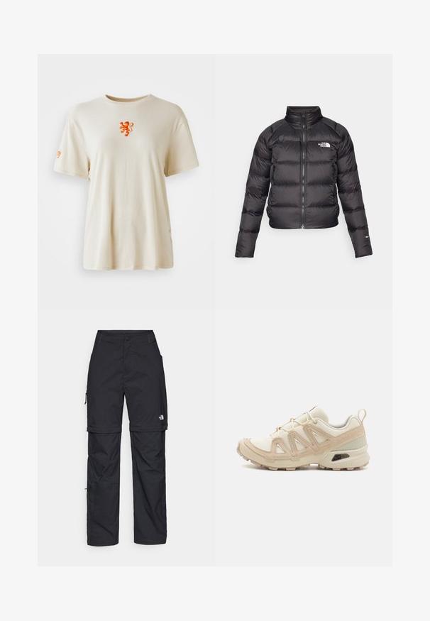 Must musternakk, millel on kõrge krae, tõmblukk ja küljetaskud. Omab tikitud osi ja logo rinna peal. Kerge ja isoleeritud.; Beež puuvillane T-särk ümmarguse kaelusega. Rinnal on oranž lõviembleem ja varrukal oranž logo. Lühikesed varrukad.; Mustad nailonist valmistatud eemaldatavad cargo-püksid, reguleeritavate pahkluudega, mitmete taskutega ja paremal jalal logoga. Sile, kerge tekstuur.; Beež ja koobalti spordijalats tekstureeritud võrkkattega, toetavad ülemised kihid ja kummist tallaga, millel on mustriga joonistus haardeks.