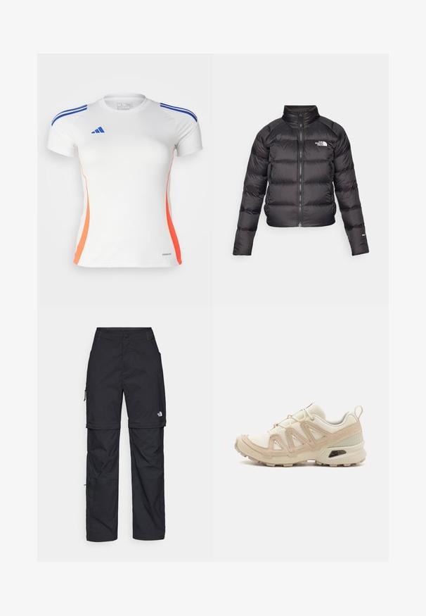 Giacca a vento nera con colletto alto, chiusura con zip e tasche laterali. Presenta sezioni trapuntate e un logo sul petto. Leggera e isolante.; adidas Performance TIRO24 JERSEY - T-Shirt sport - white/lucid blue/app solar red; Pantaloni cargo in nylon nero con zip rimovibile, polsini regolabili, molteplici tasche e un logo sulla gamba destra. Tessuto liscio e leggero.; Scarpa atletica beige e crema con tomaia in mesh testurizzato, sovrapposizioni supportive e suola in gomma con un motivo a tasselli per la trazione.