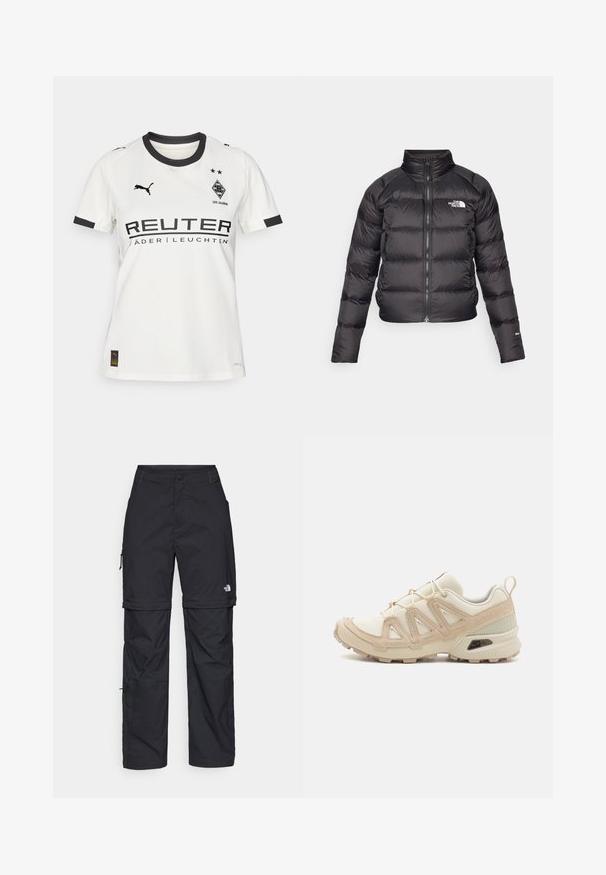 Crna puf jakna s visokim ovratnikom, zatvaranjem na patentni zatvarač i bočnim džepovima. Ima šivene sekcije i logo na prsima. Lagana, izolirana.; Bijela nogometna majica kratkih rukava s crnim ovratnikom i detaljima. Ima crni tekst i logotipe sponzora te teksturiranu tkaninu.; Crne najlon hlače s munjevim zatvaranjem, odvojive cargo hlače s podesivim manžetama, brojnim džepovima i logom na desnoj nozi. Glatka, lagana tekstura.; Bež i kremasti sportski tenisice s teksturiranim mrežastim gornjim dijelom, potpornih preklopa i gumeni potplat s uzorcima za prianjanje.