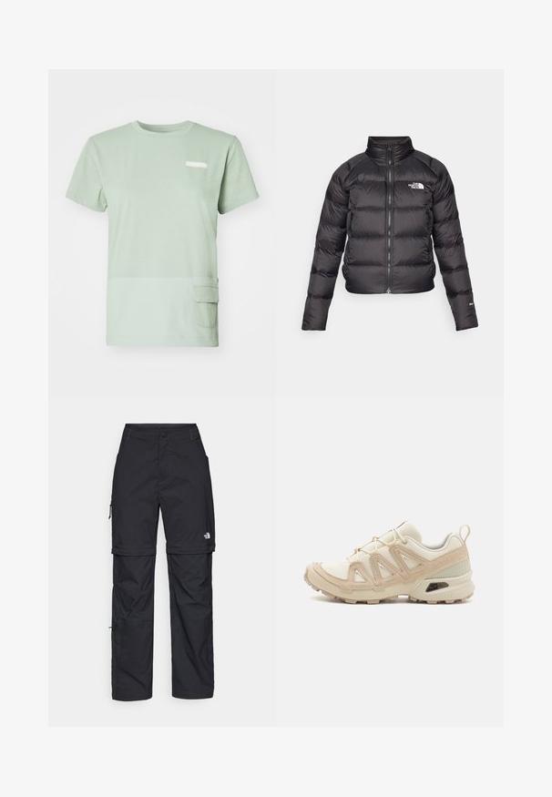 Czarna kurtka puchowa z wysokim kołnierzem, zapinana na zamek, z kieszeniami po bokach. Posiada pikowane sekcje oraz logo na piersi. Lekka, ocieplona.; Jasnozielona koszulka z miękkiej bawełny z okrągłym dekoltem. Posiada kieszonkę na dole po lewej stronie oraz małe logo na piersi.; Czarne nylonowe spodnie cargo z odpinanymi nogawkami, regulowanymi mankietami, wieloma kieszeniami oraz logo na prawej nogawce. Gładka, lekka tekstura.; Beżowe i kremowe buty sportowe z teksturowanej siateczki, wspierającymi nakładkami oraz gumową podeszwą z wzorem bieżnika zapewniającym przyczepność.