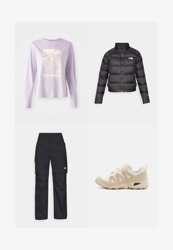 Crna puf jakna s visokim ovratnikom, zatvaranjem na patentni zatvarač i bočnim džepovima. Ima šivene sekcije i logo na prsima. Lagana, izolirana.; Ljubičasta košulja s dugim rukavima s grafikom šume i tekstom "COLUMBIA SPORTSWEAR" u bijeloj boji. Izrađena od mekog materijala s opuštenim krojem.; Crne najlon hlače s munjevim zatvaranjem, odvojive cargo hlače s podesivim manžetama, brojnim džepovima i logom na desnoj nozi. Glatka, lagana tekstura.; Bež i kremasti sportski tenisice s teksturiranim mrežastim gornjim dijelom, potpornih preklopa i gumeni potplat s uzorcima za prianjanje.