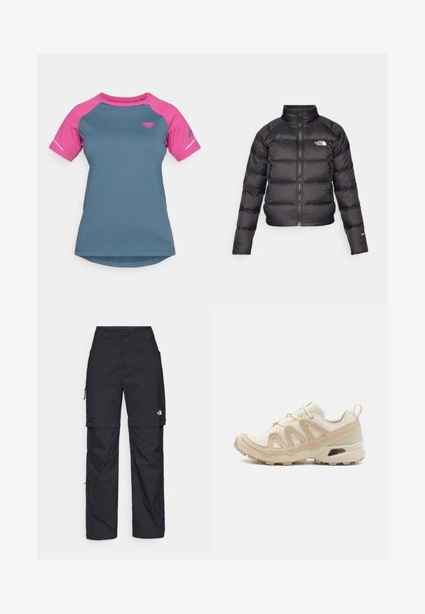 Svart pufferjacka med hög krage, dragkedjestängning och sidofickor. Har kviltade sektioner och en logotyp på bröstet. Lättviktig och isolerad.; T-skjorta med kort ärm som har en teal färg på kroppen och rosa raglanärmar. Tillverkad av lättviktigt tyg med rundad halsringning.; Svarta nylonbyxor med avtagbara ben, justerbara muddar, flera fickor och en logotyp på högra benet. Slät, lätt textur.; Beige och krämfärgad atletisk sko med texturerad meshovandel, stöttande överdrag och gummisulor med ett mönster för grepp.