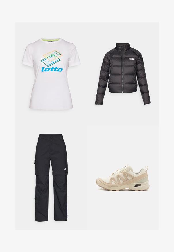 Czarna kurtka puchowa z wysokim kołnierzem, zapinana na zamek, z kieszeniami po bokach. Posiada pikowane sekcje oraz logo na piersi. Lekka, ocieplona.; Biała koszulka z krótkim rękawem, wykonana z bawełny, z kolorową graficzną grafiką geometryczną oraz niebieskim logo "lotto" na przodzie.; Czarne nylonowe spodnie cargo z odpinanymi nogawkami, regulowanymi mankietami, wieloma kieszeniami oraz logo na prawej nogawce. Gładka, lekka tekstura.; Beżowe i kremowe buty sportowe z teksturowanej siateczki, wspierającymi nakładkami oraz gumową podeszwą z wzorem bieżnika zapewniającym przyczepność.
