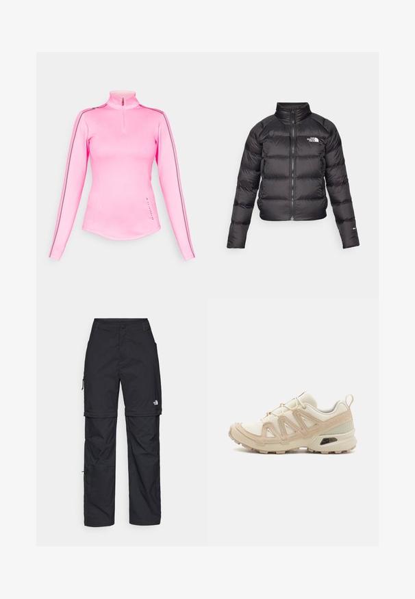 Svart pufferjacka med hög krage, dragkedjestängning och sidofickor. Har kviltade sektioner och en logotyp på bröstet. Lättviktig och isolerad.; Långärmad, rosa sporttröja med halvdragkedja. Har tunna grå ränder längs axlarna och ett mjukt, stretchigt tyg.; Svarta nylonbyxor med avtagbara ben, justerbara muddar, flera fickor och en logotyp på högra benet. Slät, lätt textur.; Beige och krämfärgad atletisk sko med texturerad meshovandel, stöttande överdrag och gummisulor med ett mönster för grepp.