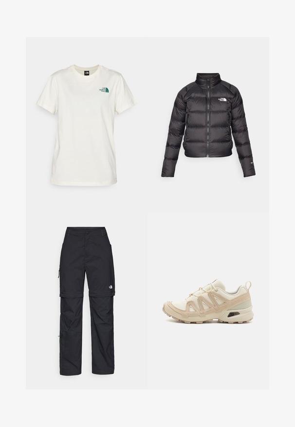 Casaco acolchoado preto com gola alta, fecho de correr e bolsos laterais. Apresenta secções acolchoadas e um logo no peito. Leve e isolado.; The North Face BOX RELAXED TEE - T-shirt estampada - white dune/evergreen; Calças cargo pretas em nylon com fechos de correr removíveis, punhos ajustáveis, múltiplos bolsos e um logótipo na perna direita. Textura suave e leve.; Sapatilha atlética beige e creme com parte superior em malha texturizada, sobreposições de suporte e sola de borracha com um padrão de cravo para tração.