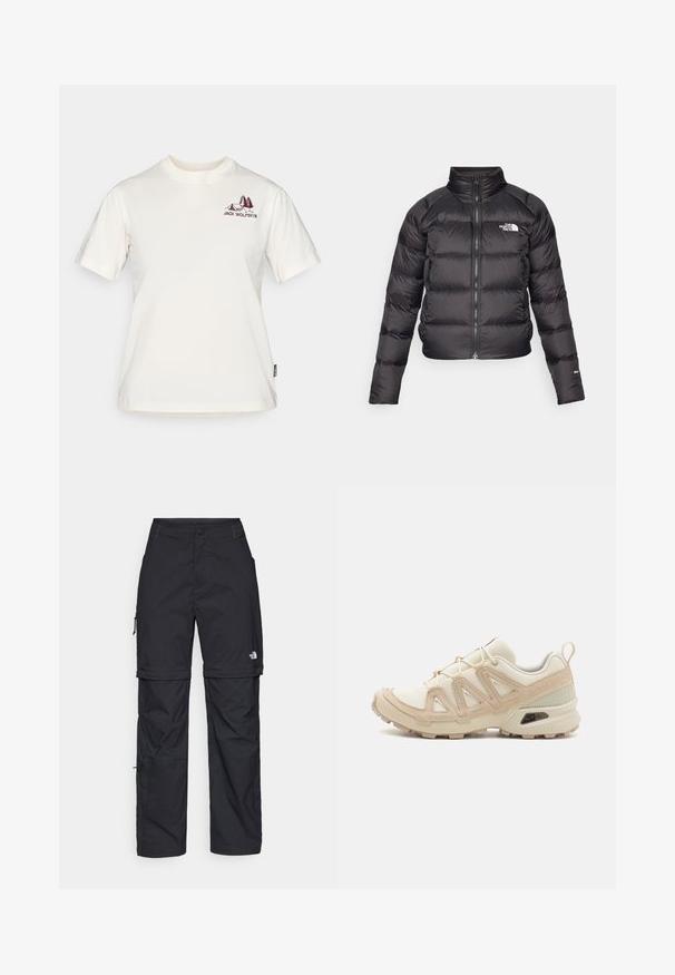 Zwarte gewatteerde jas met een hoge kraag, ritsluiting en zijzakken. Heeft geborduurde secties en een logo op de borst. Lichtgewicht en geïsoleerd.; Jack Wolfskin CADENA - T-shirt print - white; Zwarte nylon cargo broek met afneembare pijpen, verstelbare manchetten, meerdere zakken en een logo op het rechterbeen. Gladde, lichte textuur.; Beige en crème sportschoen met een textuur-mesh bovenwerk, ondersteunende overlays en een rubberen zool met een profielpatroon voor grip.