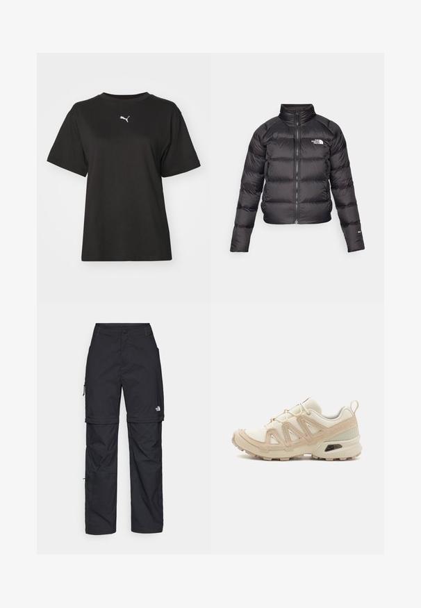 Schwarze gefütterte Jacke mit hohem Kragen, Reißverschluss und Seitentaschen. Verfügt über gesteppte Abschnitte und ein Logo auf der Brust. Leicht und isoliert.; Schwarzes Baumwoll-T-Shirt mit Rundhalsausschnitt, kurzen Ärmeln und einem weißen Puma-Logo auf der Brust. Glatte Textur, lässige Passform.; Schwarze Nylon-Zip-Off-Cargohosen mit verstellbaren Bündchen, mehreren Taschen und einem Logo am rechten Bein. Glatte, leichte Textur.; Beige und cremefarbenen Sportschuh mit strukturiertem Mesh-Obermaterial, unterstützenden Überzügen und Gummisohle mit einem Profilmuster für Bodenhaftung.