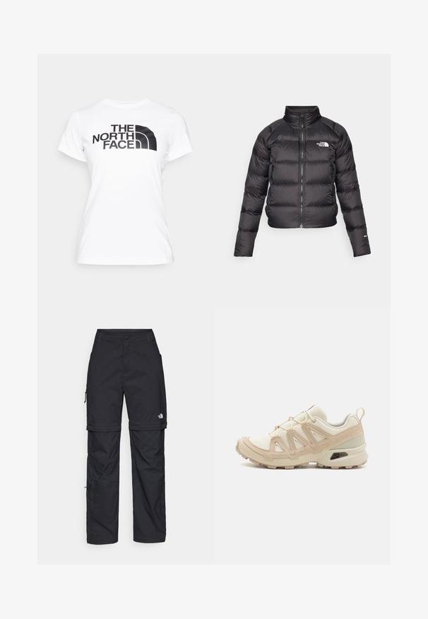 Černá péřová bunda s vysokým límcem, zipovým zapínáním a bočními kapsami. Obsahuje prošívané části a logo na hrudi. Lehké, zateplené.; Bílé bavlněné tričko s černým grafickým potiskem loga "THE NORTH FACE" na přední straně. Krátké rukávy a kulatý výstřih.; Černé nylonové cargo kalhoty na zip s nastavitelnými manžetami, několika kapsami a logem na pravé noze. Hladká, lehká textura.; Béžová a krémová sportovní obuv s texturovaným síťovaným svrškem, podpůrnými překryvy a gumovou podrážkou s dezénem pro lepší přilnavost.