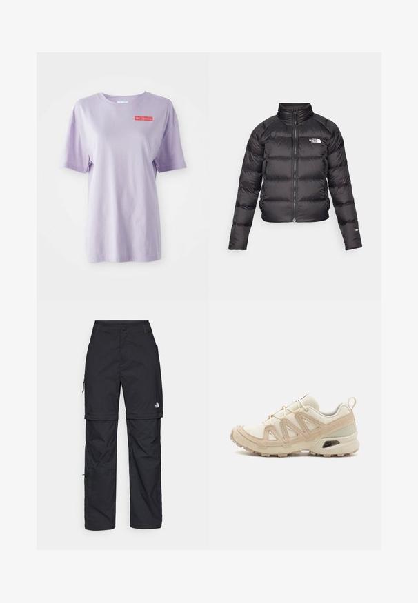 Black puffer jacket with a high collar, zip closure, and side pockets. Features quilted sections and a logo on the chest. Lightweight, insulated.; Lavender short-sleeve t-shirt made of cotton with a round neck and a red Columbia logo on the front. Smooth texture, relaxed fit.; Black nylon zip-off cargo trousers with adjustable cuffs, multiple pockets, and a logo on the right leg. Smooth, lightweight texture.; Beige and cream athletic shoe with textured mesh upper, supportive overlays, and rubber outsole featuring a tread pattern for traction.