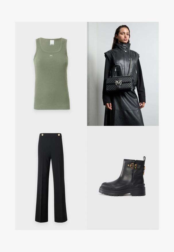 Must have kraanipuffernahk mustas, kapuutsiga, millel on kirisu kena disain, kuldse tooni detailid ja nööbid ees ning taskutes.; Olivaroheline ribatud kampsun, millel on ümmargune kaelus, peened rihmad ja väike logo rinnal. Pehme ja veniv kangas.; Mustad kõrge vöökoht ja laiad püksid, ees seamidega ja kahe kuldse nupuga vööl, valge tausta ees.; Mustad musta nahast pahkluu saapad ümmarguse toe ja paksu kummitald. Omavad kuldseid detaile ja tõmbluku silmust. Sile tekstuur.; Must must vest kõrge krae, lukuga taskud ja must vooderdatud käekott hõbedase riistvaraga, kantud koos pika musta seelikuga.