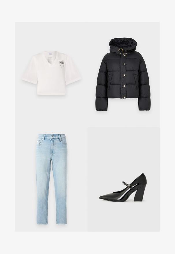 Juoda trumpa pūkinė striukė su kapišonu, pasižyminti siuvinėta struktūra, auksinės spalvos detalėmis ir spaudėmis priekyje bei kišenėse.; Balta trumpa V-kaklo marškinėliai, pagaminti iš glotnaus audinio. Turi trumpas rankoves ir juodą grafišką paukščių dizainą kairėje krūtinės pusėje.; Šviesiai mėlyni džinsai, tiesaus kirpimo, vidutinio juosmens, su penkiomis kišenėmis ir mygtukų užsegimu priekyje.; Juodos lakinės odos aukštakulnės bateliai su smailiu pirštu, storu kulnu ir dirželiu su metaliniais akcentais.