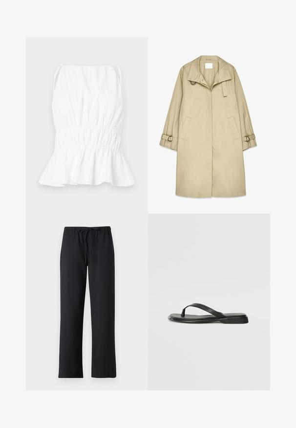 Béžový dažďový plášť so širokým golierom, predným zapínaním, bočnými vreckami a prackami na rukávoch. Hladká, ľahká tkanina s voľným strihom.; Biely top bez rukávov s nariaseným pásom a rozšíreným lemom. Vyrobený z ľahkého materiálu, ktorý má jemnú textúru a nastaviteľné ramienka.; Čierne nohavice vyrobené z mäkkého materiálu, s elastickým pásom na šnúrku a rovnými nohavicami. Bez viditeľných vzorov alebo kovových prvkov.; Čierne šľapky vyrobené z hladkej kože, s tenkým pásikom a plochou podrážkou s minimalistickým profilom. Bez výrazných vzorov alebo akcentov.