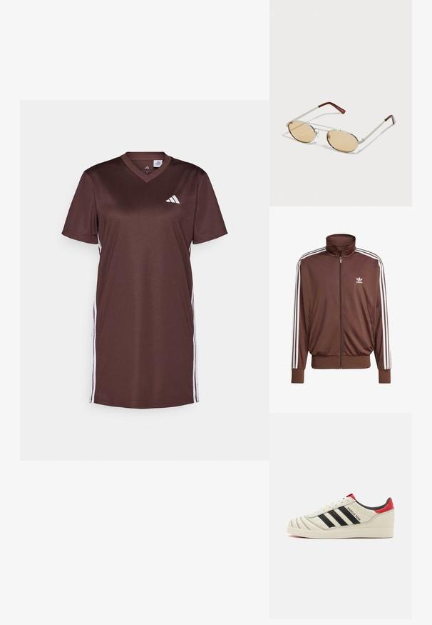 Ruda poliesterinė bėgimo striukė su baltais šonais, aukštu apykakle, priekyje užtrauktuku ir Adidas logotipu kairėje krūtinės pusėje. Yra dvi šoninės kišenės.; Ruda sportinė suknelė, pagaminta iš lygaus audinio, su V formos iškirpimu, trumpomis rankovėmis ir baltais šonų juostelėmis. Priekyje matomas Adidas logotipas.; Kremo spalvos odiniai sportbačiai su juodomis juostelėmis, raudonais kulno akcentais ir tekstūruotais detalėmis. Yra gumatė padas ir raištelių uždarymas.; Metalinės saulės akinių rėmeliai su ovaliais, šviesiai rudais toniniais objektyvais. Plonas sidabrinis rėmas su tekstūruotais akcentais ir raudonai rudomis antrojo pagrindo dalimis.