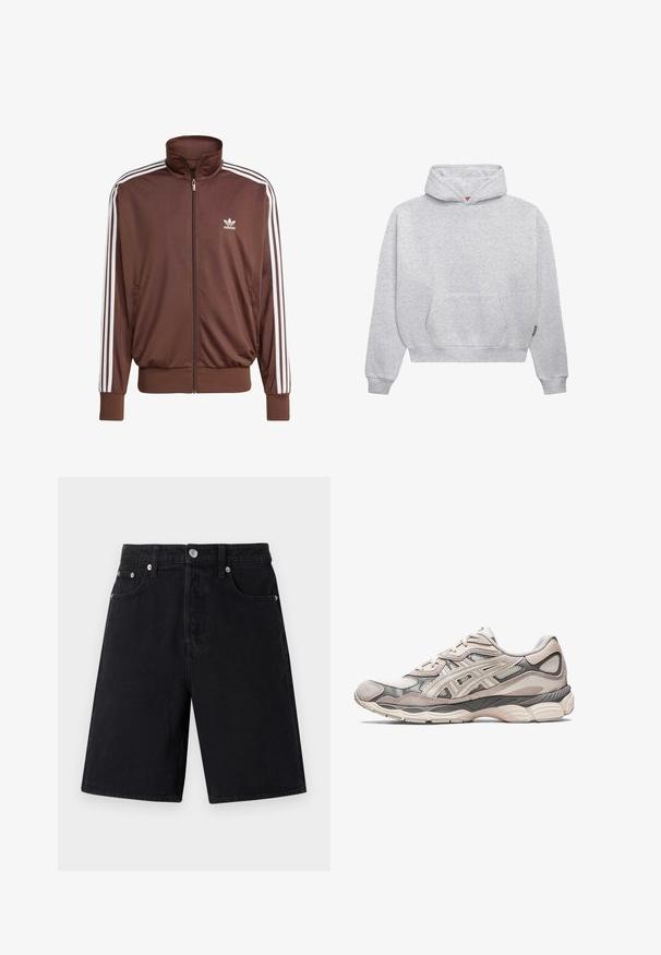 Bruine polyesteren trainingsjak met witte zijstrepen, hoge kraag, ritssluiting aan de voorkant en Adidas-logo op de linkerborst. Heeft twee zijzakken.; Lichtgrijze pullover hoodie van een zachte katoenmix. Voorzien van een kangoeroezak, ribgebreide manchetten en een capuchon met trekkoord in een minimalistisch ontwerp.; Zwarte denim shorts met een rechte snit. Kenmerken zijn een ritssluiting, vijf zakken, zilverkleurige hardware en een subtiele textuurafwerking.; Lichtgrijze sportschoen met een bovenwerk van mesh en suede. Beschikt over een gevoerde zool, uitgesproken overlays en een gestructureerd ontwerp.