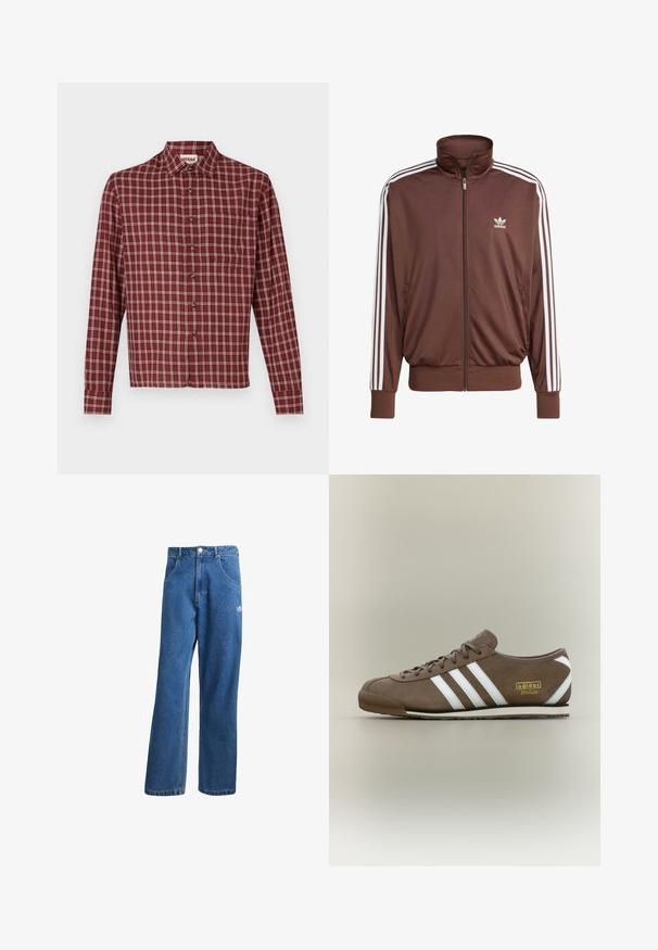 Veste de survêtement en polyester marron avec des bandes blanches sur les côtés, col montant, fermeture éclair sur le devant et logo Adidas sur la poitrine gauche. Elle dispose de deux poches latérales.; Chemise à manches longues à carreaux rouges avec un col pointu, fermeture à boutons et une poche poitrine. Le matériau semble doux avec une légère texture.; Jean en denim bleu taille haute, jambes larges, avec poches avant, passants de ceinture, fermeture à bouton et petit logo Adidas sur la cuisse droite.; Baskets en daim marron avec trois bandes blanches, semelle en caoutchouc plate, bout rond, et logo doré "adidas Italia" sur le côté.