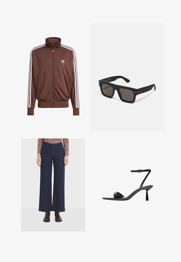 Smeđa poliesterska jakna za trčanje s bijelim bočnim trakama, visokim ovratnikom, prednjim zatvaračem i Adidas logotipom na lijevoj strani prsnog koša. Ima dva bočna džepa.; Crna majica kratkih rukava s bijelim trostrukim detaljima na ramenima i malim bijelim logotipom na prsima. Glatka tekstura tkanine.; Široke tamnoplave traperice s visokim strukom, sa prednjim džepovima i kopčanjem na dugme, uparene s smeškim čizmama do članaka.; Bershka Sandale s visokom petom - black; Crne pravokutne sunčane naočale s tamnim staklima. Mat završna obrada, s suptilnim metalnim naglascima na drškama. Bez vidljivog logotipa branda.