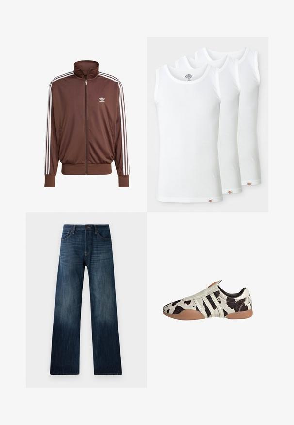 Hnedá polyesterová športová bunda s bielymi bočnými pruhmi, vysokým golierom, predným zipsom a logom Adidas na ľavej hrudi. Obsahuje dve bočné vrecká.; Tri biele tank topy vyrobené z rebrovanej bavlny. Každý má okrúhly výstrih a malú logo etiketu na leme. Klasický, jednoduchý dizajn.; Tmavomodré džínsy s rovnými nohavicami, s ľahkou textúrou, pútkami na opasok a klasickým päť vreckovým dizajnom.; Biele a čierne vzorované kožené topánky s textúrovaným povrchom, s tromi bielymi horizontálnymi pruhmi a hnedou gumovou podrážkou.