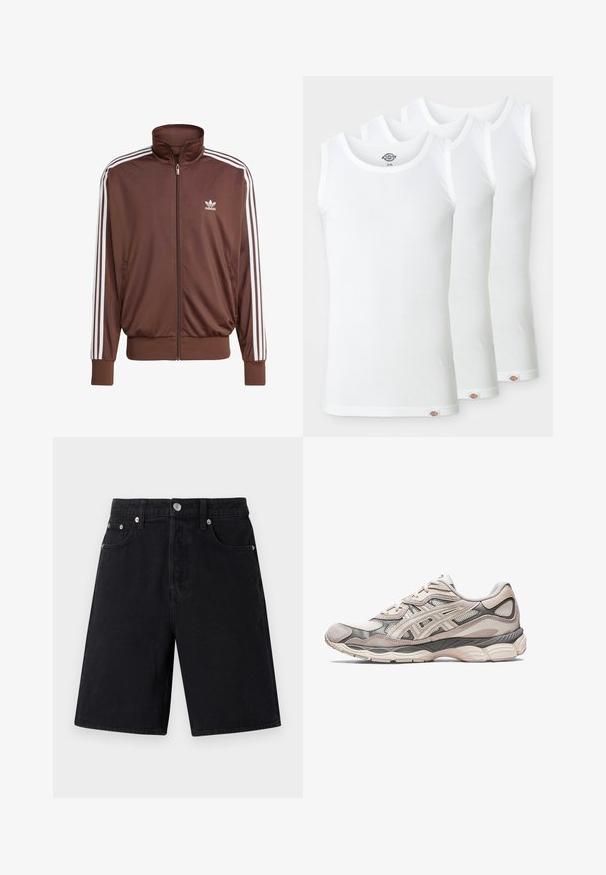 Braune Polyester-Trainingsjacke mit weißen seitlichen Streifen, hohem Kragen, Frontreißverschluss und Adidas-Logo auf der linken Brust. Verfügt über zwei seitliche Taschen.; Drei weiße Tanktops aus geripptem Baumwollstoff. Jedes hat einen runden Halsausschnitt und ein kleines Logotag am Saum. Klassisches, einfaches Design.; Schwarze Denim-Shorts mit geradem Schnitt. Merkmale sind ein Reißverschluss, fünf Taschen, silberne Beschläge und eine dezente strukturierte Oberfläche.; Hellgrauer Sportschuh mit einem Obermaterial aus Mesh und Wildleder. Verfügt über eine gepolsterte Sohle, ausgeprägte Überzüge und ein strukturiertes Design.