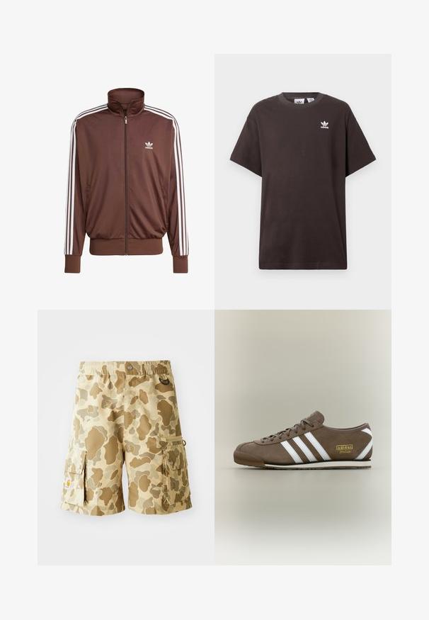 Casaco de treino em poliéster castanho com riscas brancas nas laterais, colarinho alto, fecho éclair à frente e logótipo da Adidas no lado esquerdo do peito. Apresenta dois bolsos laterais.; T-shirt de algodão castanho escuro com mangas curtas, decote redondo e logo branco da Adidas no lado esquerdo do peito. Design simples e de corte descontraído.; Calções cargos caqui com um padrão de camuflagem em tons de castanho. Apresenta um cós elástico, bolsos laterais e detalhes em laço de tecido.; Sapatilha em camurça castanha com três riscas brancas, sola de borracha plana, biqueira redonda e logótipo dourado "adidas Italia" do lado.