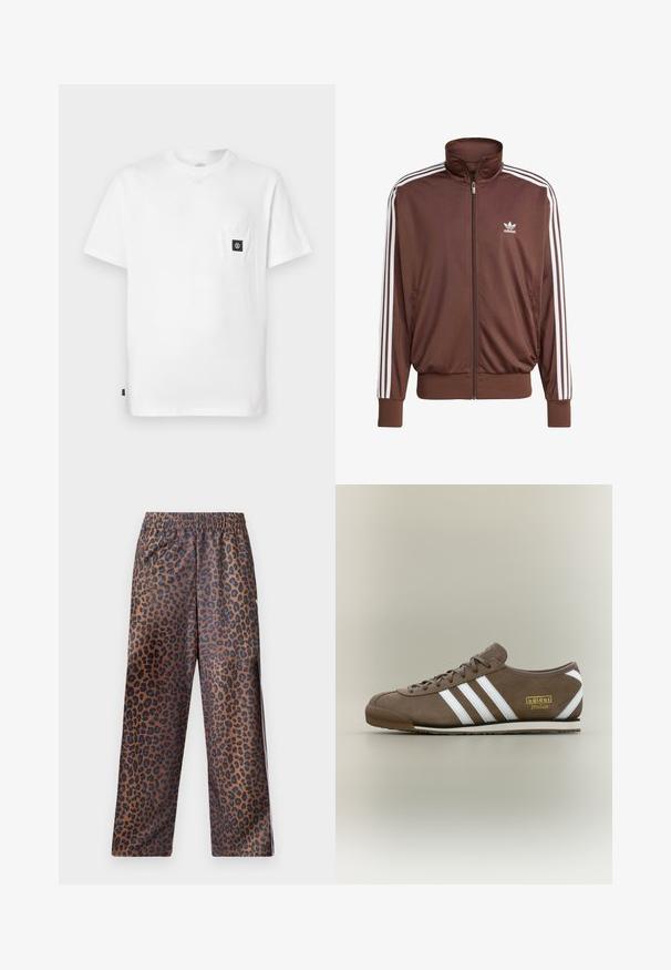 Brown polyester track jacket with white side stripes, high collar, front zipper, and Adidas logo on the left chest. Features two side pockets.; White cotton T-shirt with a crew neckline, short sleeves, and a chest pocket featuring a black logo patch. Smooth texture, relaxed fit.; Leopard print pants with an elastic waistband. Made from a shiny fabric, featuring a brown base with black spots and a loose fit design.; Brown suede sneaker with three white stripes, flat rubber sole, round toe, and gold "adidas Italia" logo on the side.