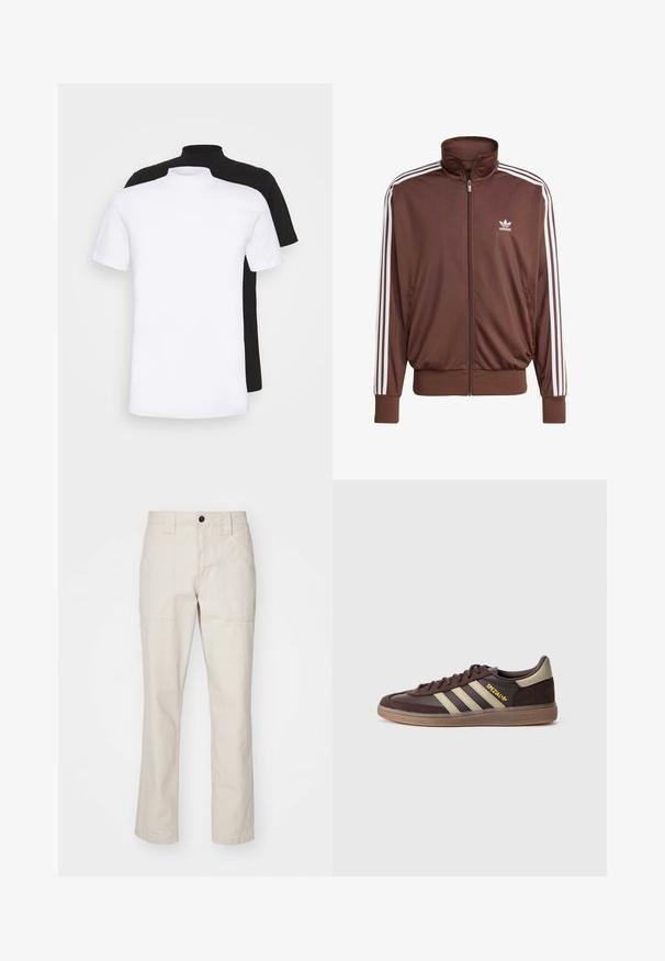 Casaco de treino em poliéster castanho com riscas brancas nas laterais, colarinho alto, fecho éclair à frente e logótipo da Adidas no lado esquerdo do peito. Apresenta dois bolsos laterais.; Duas t-shirts de manga curta, uma branca e uma preta, com um design de gola alta, feitas de um material de algodão suave.; Calças de algodão bege com um design de perna reta, apresentando dois bolsos frontais, um fecho de botão único e acentos de costura visíveis.; Ténis Adidas castanho escuro com riscas bege, sola de borracha e texto amarelo "Spezial" do lado, mostrado do lado exterior.
