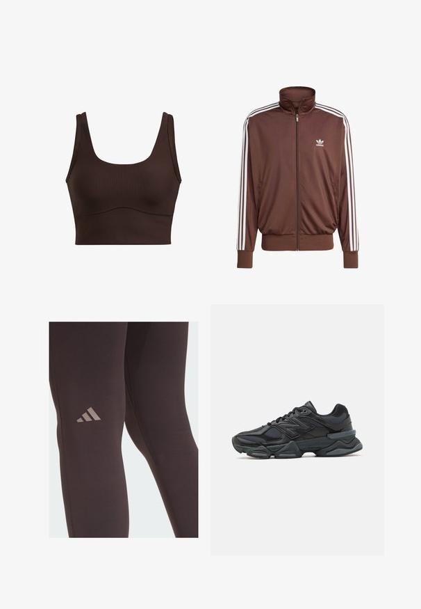 Brūns poliestera sporta žakets ar baltām sānu svītrām, augstu apkakli, priekšējo rāvējslēdzēju un Adidas logo kreisajā krūtī. Ietver divas sānu kabatas.; Brūns ribots īsais tops ar platām siksnām, kvadrātveida dekoltē un bezšuvēm pa vidukli, ar gludu tekstūru.; Melnas sporta leggingas ar gludu tekstūru, kurām ir izsmalcināts brūns Adidas logo uz augšstilba un pastiprināti šuvju izcilumi.; Melna skriešanas apavi ar jauktu acu audumu un sintētiskiem materiāliem, masīvu zoli, izliekta dizaina elementiem un izteiktu zīmola logotipu uz sāniem.