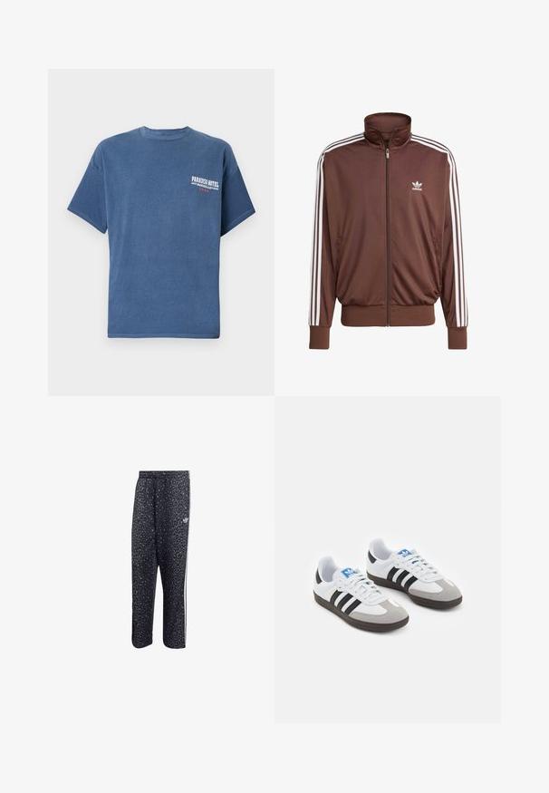 Casaco de treino em poliéster castanho com riscas brancas nas laterais, colarinho alto, fecho éclair à frente e logótipo da Adidas no lado esquerdo do peito. Apresenta dois bolsos laterais.; T-shirt casual azul feita de algodão, com mangas curtas e decote redondo; possui o logotipo "Paradiso Hotel" impresso no lado esquerdo do peito.; Calças atléticas pretas com um padrão de estampa de leopardo, apresentando um design de três riscas brancas e um logotipo de marca atlética na lateral.; Ténis desportivos com um cabedal em pele branca, biqueira em camurça cinza e três riscas pretas. Apresenta um logo azul na língua e uma sola de borracha texturizada.