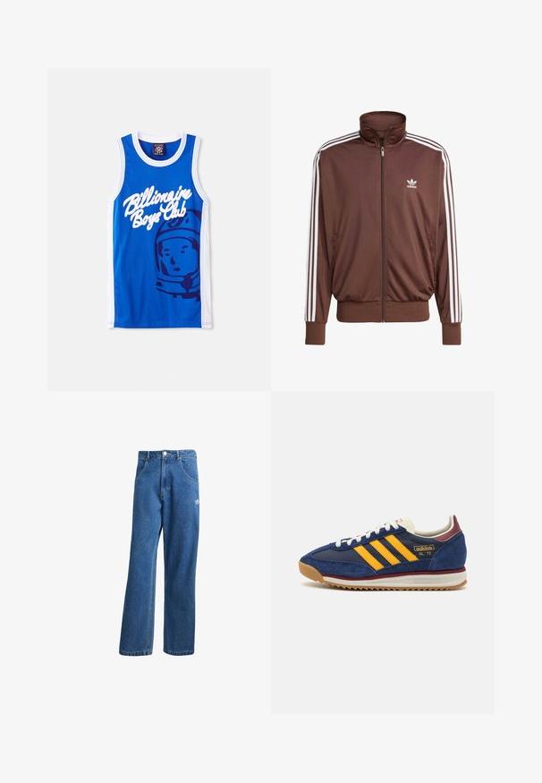Brown polyester track jacket with white side stripes, high collar, front zipper, and Adidas logo on the left chest. Features two side pockets.; Blue mesh tank top featuring a white “Billionaire Boys Club” logo and a graphic of an astronaut. White trim along the arms and neck.; Blue high-waist wide-leg denim jeans with front pockets, belt loops, button closure, and small Adidas logo on the right thigh.; Navy suede sneaker with yellow stripes, white laces, and burgundy accents. Textured sole with grooves for traction. Brand logo on side.