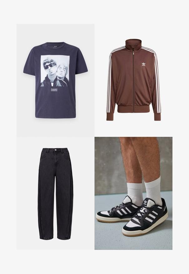 Smeđa poliesterska jakna za trčanje s bijelim bočnim trakama, visokim ovratnikom, prednjim zatvaračem i Adidas logotipom na lijevoj strani prsnog koša. Ima dva bočna džepa.; Tamno plava pamučna majica s velikim grafičkim otiskom dva muška lika. Tekst "oaza" je centriran ispod slike. Kratki rukavi, okrugli izrez.; Crne široke traperice izrađene od denima s glatkom teksturom. Imaju visok struk, prednje džepove i zatvaranje na gumbe na struku.; Crne i bijele tenisice s gornjim dijelom od antilopa i kože, s tri bijele pruge, perforiranim prstom i gumiranim potplatom.
