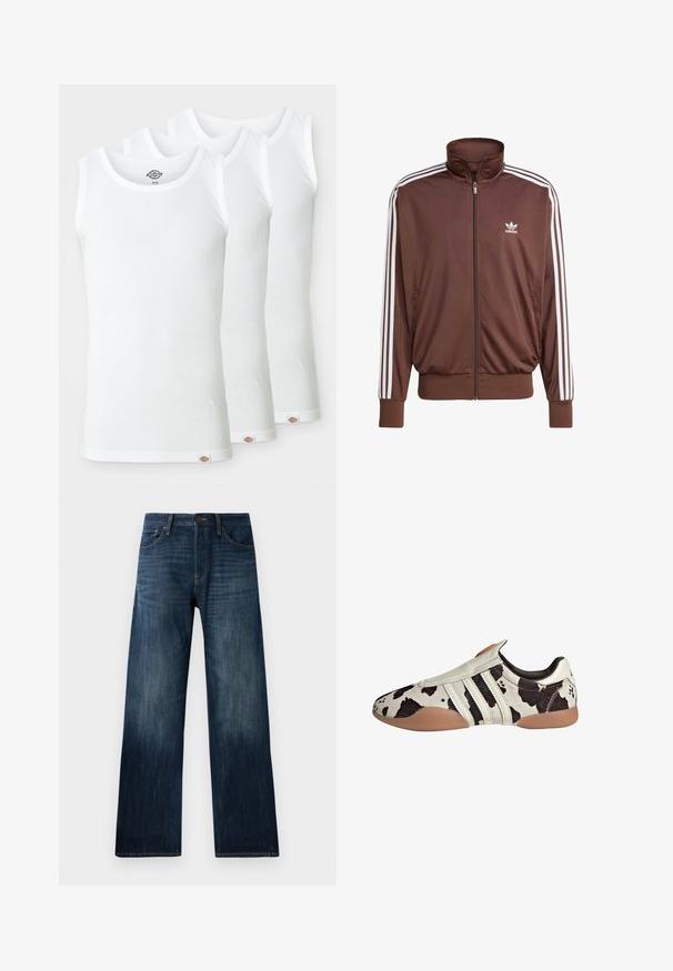 Brown polyester track jacket with white side stripes, high collar, front zipper, and Adidas logo on the left chest. Features two side pockets.; Three white tank tops made of ribbed cotton. Each has a round neckline and a small logo tag at the hem. Classic, simple design.; Dark blue denim jeans with a straight-leg design, featuring a lightweight texture, belt loops, and a classic five-pocket style.; White and black patterned leather shoes with a textured finish, featuring three white horizontal stripes and a brown rubber sole.