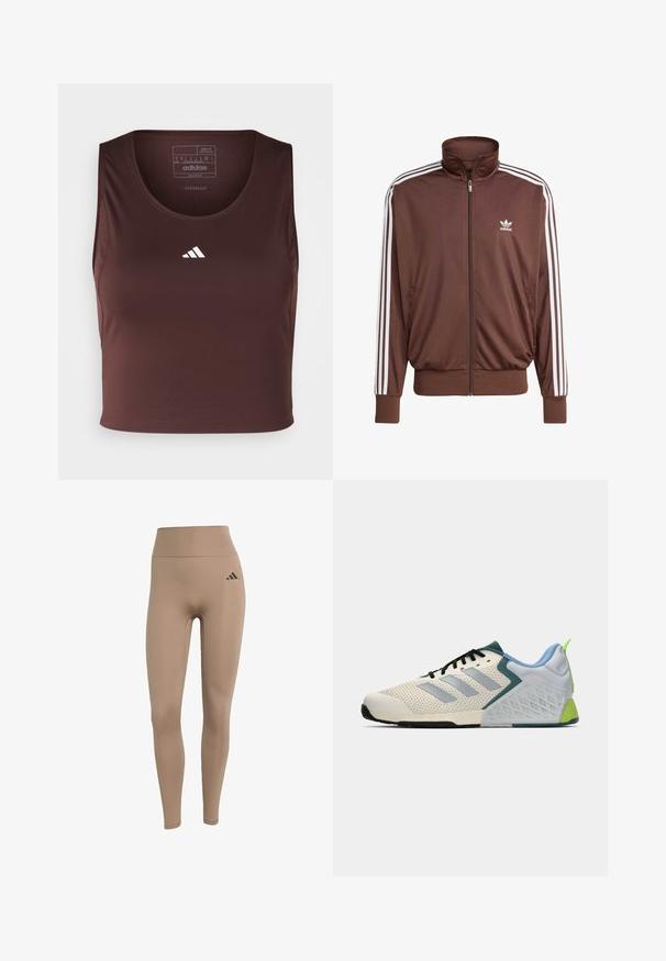 Giacca a track in poliestere marrone con strisce bianche ai lati, colletto alto, zip frontale e logo Adidas sul lato sinistro del petto. Ha due tasche laterali.; adidas Performance TECHFIT CROPPED - Top - shadow brown; Leggings beige a vita alta realizzati in tessuto elastico, con una silhouette aderente e un accentuazione del logo nero sulla parte sinistra dei fianchi.; Scarpe atletiche leggere con una tomaia in rete color crema, righe grigie, un accento verde e un tallone in textured blu. Lacci neri.