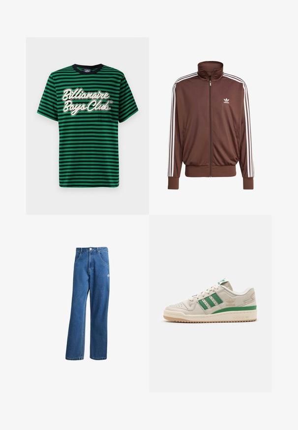 Brown polyester track jacket with white side stripes, high collar, front zipper, and Adidas logo on the left chest. Features two side pockets.; Green and black striped t-shirt made of cotton, featuring a graphic "Billionaire Boys Club" logo in white, round neckline, and short sleeves.; Blue high-waist wide-leg denim jeans with front pockets, belt loops, button closure, and small Adidas logo on the right thigh.; Adidas sneakers with a beige leather upper, green stripes, and a rubber sole. Features a padded collar and perforated toe for breathability.