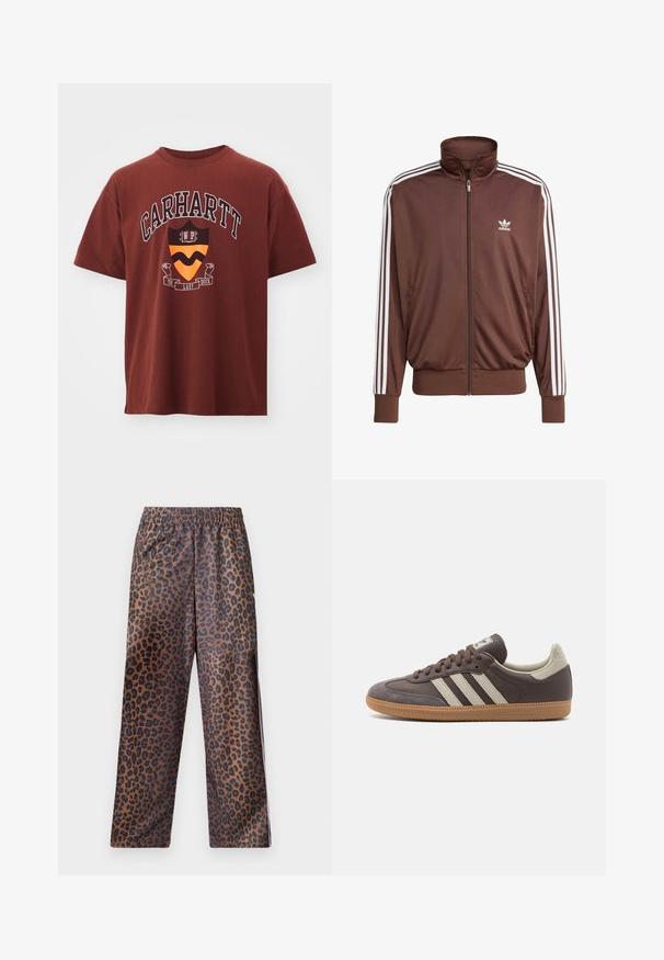 Brun polyester treningsjakke med hvite sidelister, høy krage, frontglidelås og Adidas-logo på venstre bryst. Har to sidelommer.; Maroon bomullstrøye med korte ermer. Inkluderer et grafisk trykk med "Carhartt"-tekst og et skjolddesign i oransje og svart.; Leopardmønstrede bukser med elastisk talje. Lavet af et skinnende stof, med en brun bund og sorte pletter samt en løs pasform.; Brune lærersneakers med tre lyse striper, gummisåle, rund tå og teksturerte semskede detaljer på hælen og tåen.