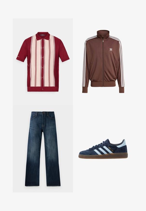 Hnedá polyesterová športová bunda s bielymi bočnými pruhmi, vysokým golierom, predným zipsom a logom Adidas na ľavej hrudi. Obsahuje dve bočné vrecká.; Poloko s krátkym rukávom a gombíkmi v červenej a svetlosandovej vertikálnej pruhovanej vzore a červeným golierom, vystavené na bielom pozadí.; Tmavomodré džínsy s rovnými nohavicami, s ľahkou textúrou, pútkami na opasok a klasickým päť vreckovým dizajnom.; Námornícky modré semišové tenisky Adidas s svetlomodrými pruhmi, gumenou podrážkou, svetlomodrou pätou a zlatým označením "Spezial" po boku.