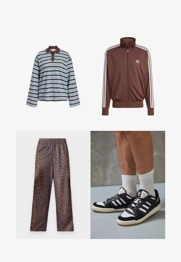 Braune Polyester-Trainingsjacke mit weißen seitlichen Streifen, hohem Kragen, Frontreißverschluss und Adidas-Logo auf der linken Brust. Verfügt über zwei seitliche Taschen.; Gestreiftes Langarm-Polohemd in Hellblau und Braun. Mit einem braunen Kragen, einer Drei-Knopf-Leiste und lässiger Passform. Aus Baumwollmaterial.; Leopardmuster-Hosen mit einem elastischen Bund. Hergestellt aus einem glänzenden Stoff, mit einem braunen Grundton und schwarzen Flecken sowie einem lockeren Schnitt.; Schwarz-weiße Sneaker mit einem Obermaterial aus Wildleder und Leder, ausgestattet mit drei weißen Streifen, einer perforierten Zehenpartie und einer Sohle aus Gummi.